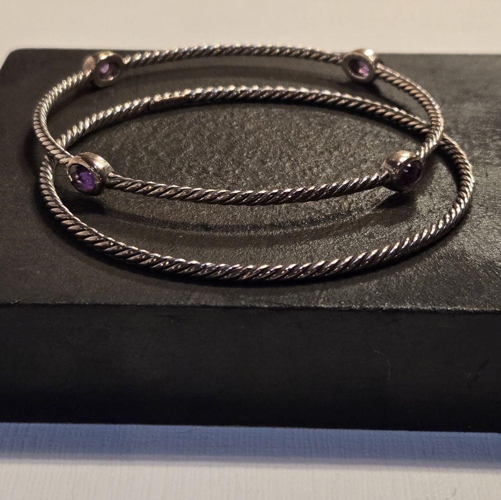 Pair of David Yurman cable bangle bracelets sterling silver one with amethysts